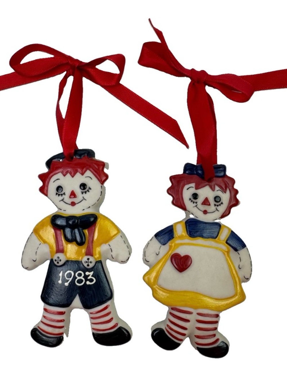 Vintage 1983 Raggedy Ann & Andy Ceramic Christmas Ornaments Hand Painted Signed